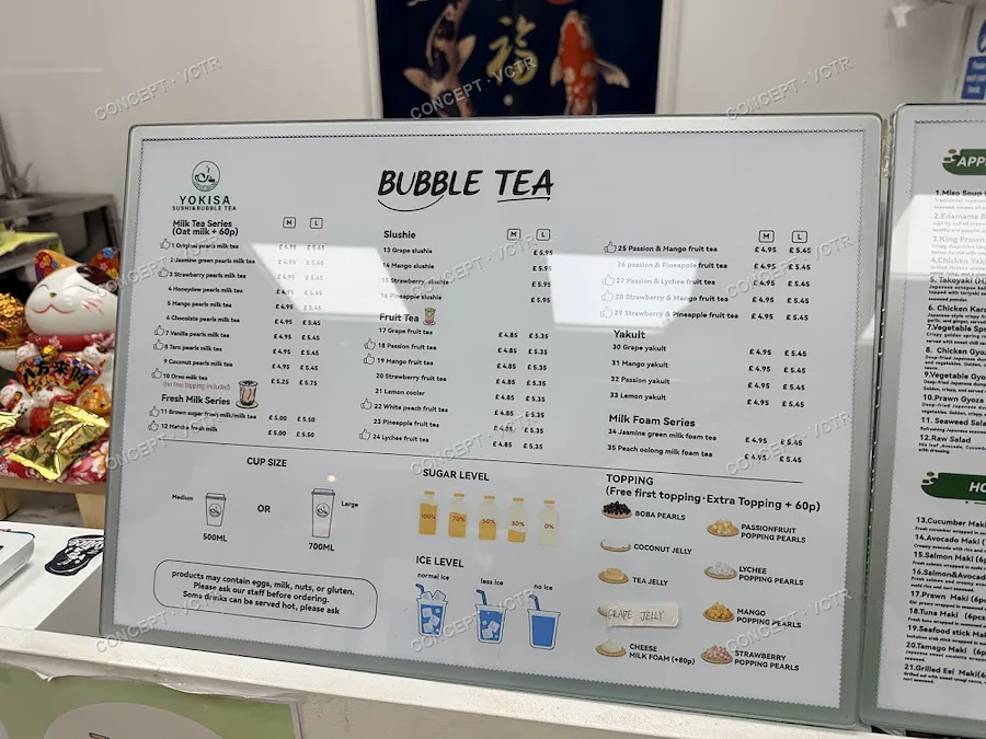 Yokisa bubble tea menu displayed in the shop